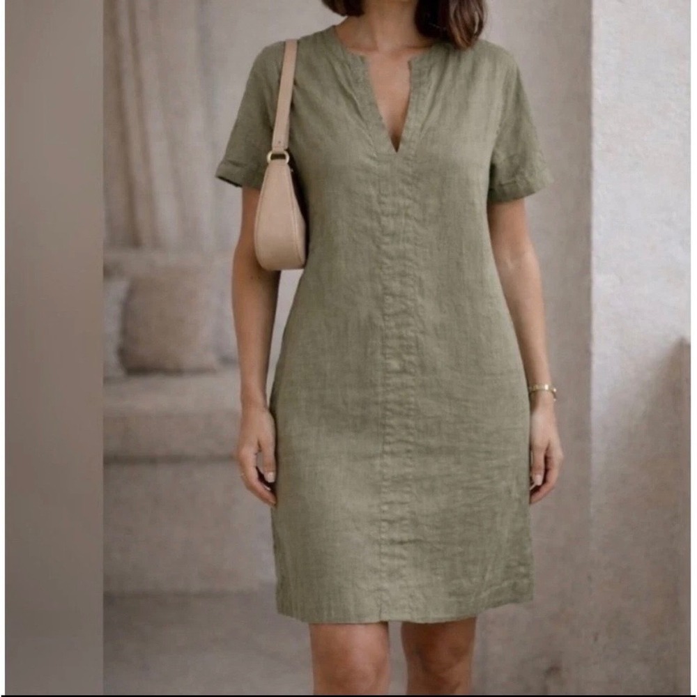 Theory Slit Front Shift Dress L Caliver Olive Green Linen Blend K0203621